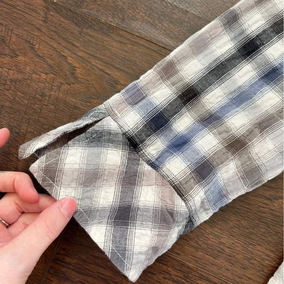 Habitat Textured Grey/Blue Crinkled Plaid Top Tie Waist Womens Size Small - Picture 5 of 6